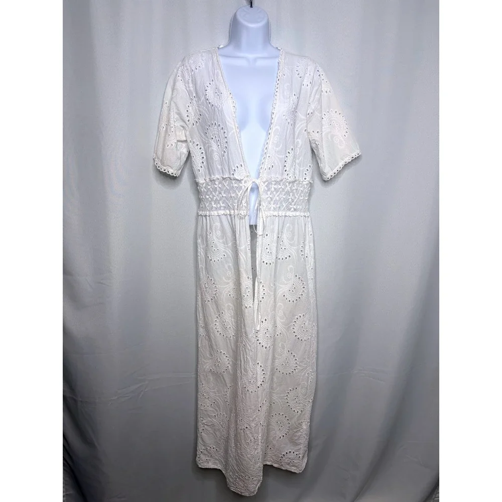 Luisa Perla Italy White Cotton Eyelet Lace Maxi Duster Coverup Tie Front One Sz